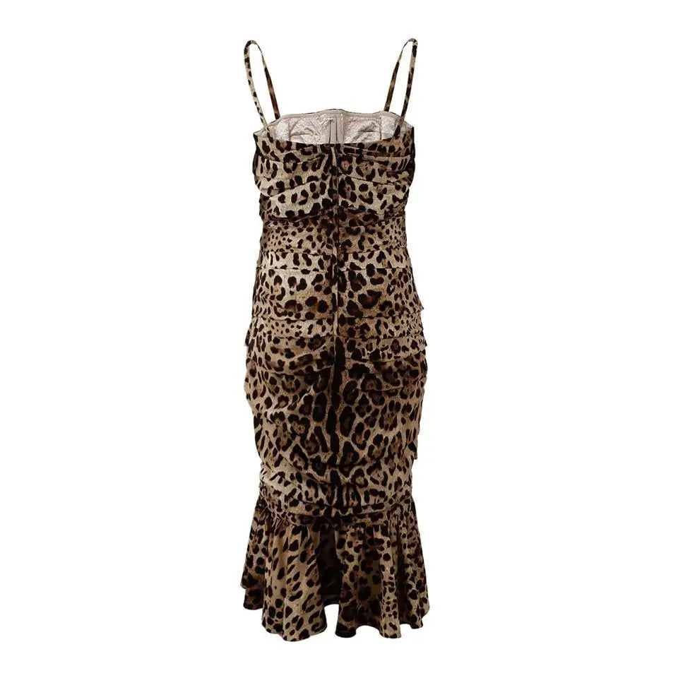 Dolce & Gabbana Brown Leopard Print Ruched Midi Dress