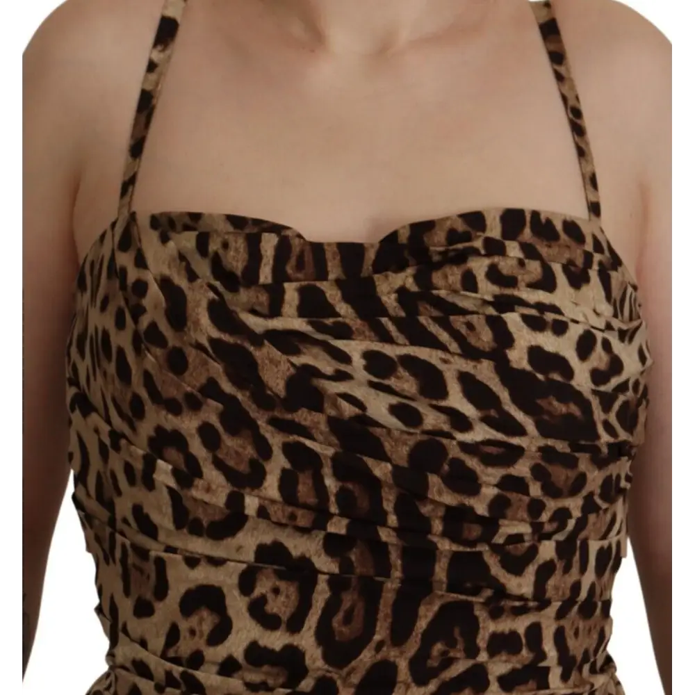 Dolce & Gabbana Brown Leopard Print Ruched Midi Dress
