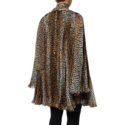 Dolce & Gabbana Brown Leopard Print Scarf Collared Chiffon Dress