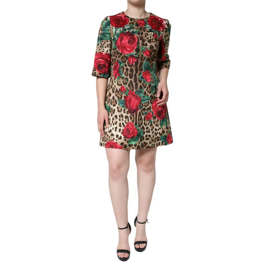 Dolce & Gabbana Brown Leopard Red Roses Cotton A-line Dress