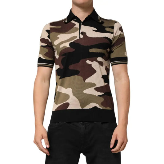 Dolce & Gabbana Camouflage Brown Silk MilitaryPolo T-shirt