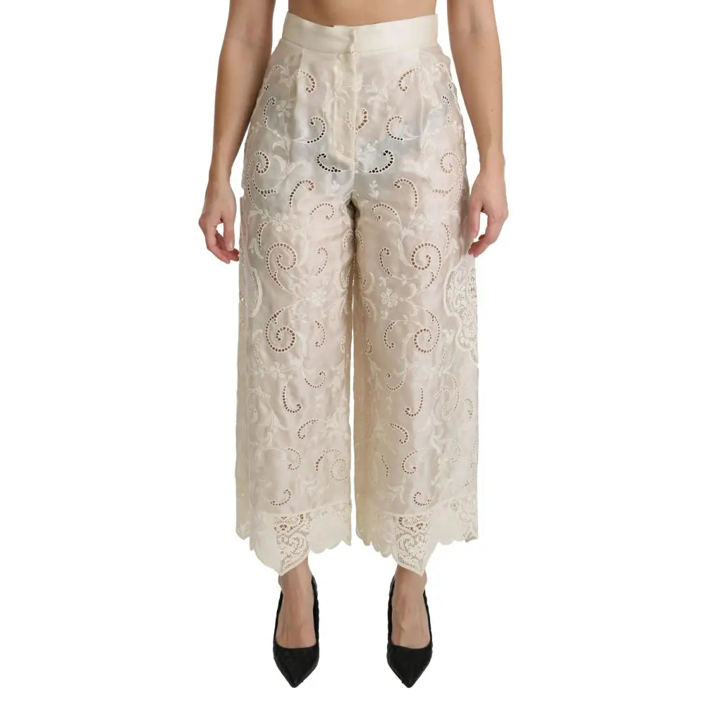 Dolce & Gabbana Cream Lace High Waist Palazzo Cropped Pants