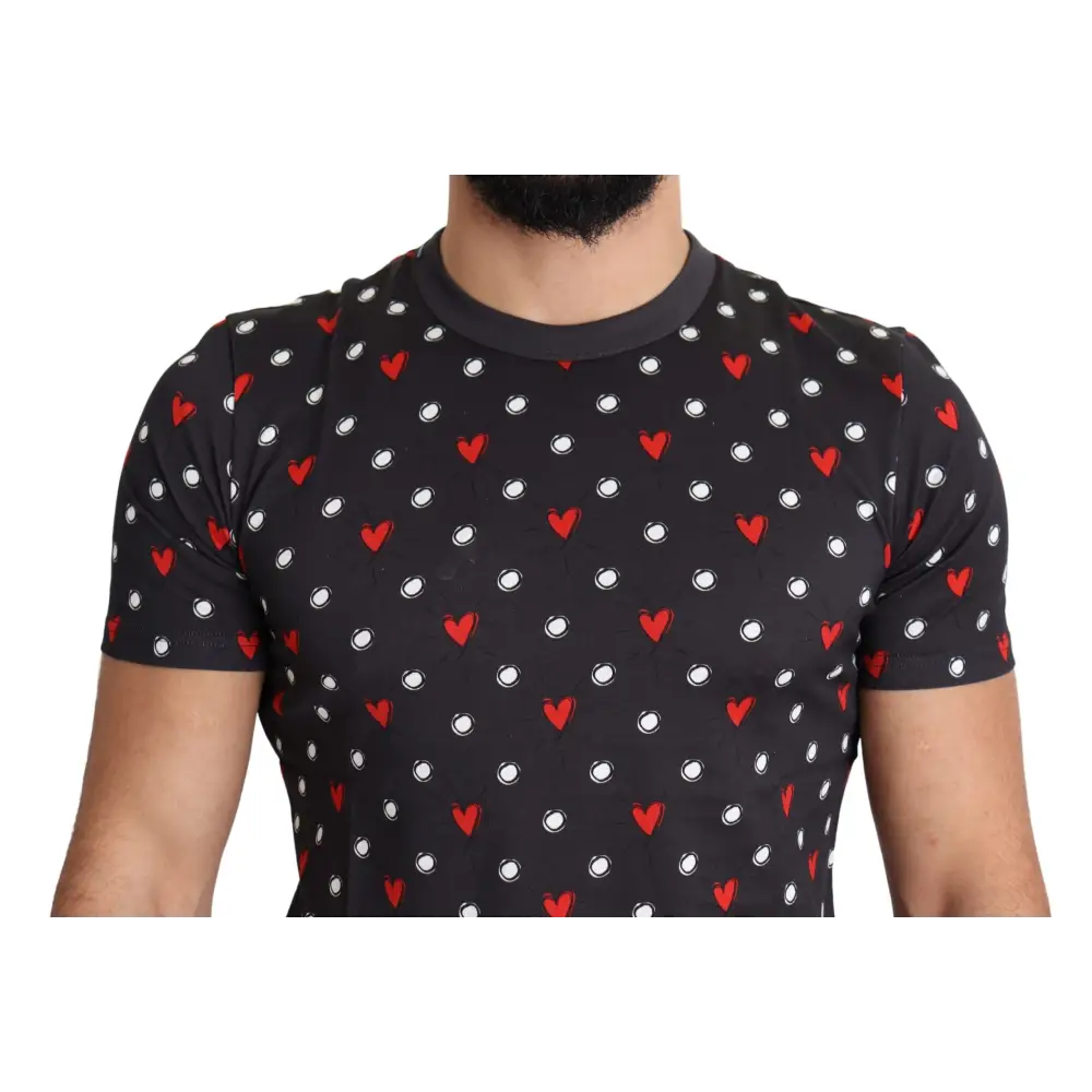 Dolce & Gabbana mørkegrå hjerteprint bomuldst-shirt med ribkrave, outlet mærkevarer
