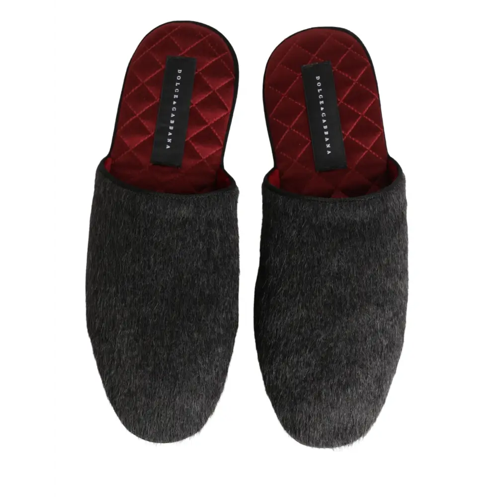 Dolce & Gabbana Dark Grey Charcoal Wool Red Slippers Shoes - Flip-flops
