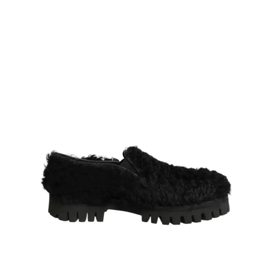 Dolce & Gabbana Dress Black Fur Leather Slippers Men Shoes