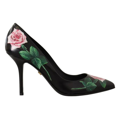 Dolce & Gabbana Elegant Black Rose Print Leather Heels
