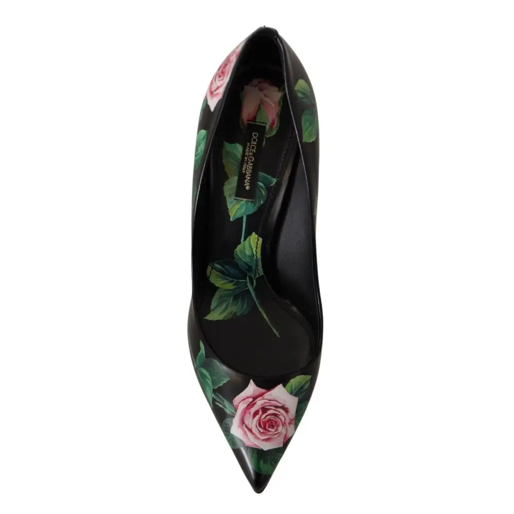 Dolce & Gabbana Elegant Black Rose Print Leather Heels