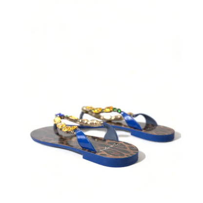 Gabbana elegant blue læder flip-flops med leopardmønster og sten