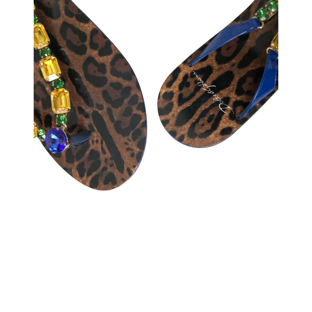 Dolce & Gabbana elegant blue læder flade sandaler med leopardmønster