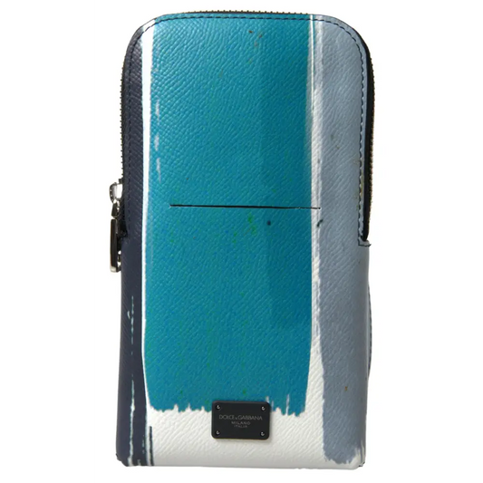 Dolce & Gabbana elegant leather crossbody phone bag with teal and gray paint-splatter design on textured leather