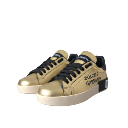 Gabbana gold Portofino calf leather sneakers i guld med sorte snørebånd