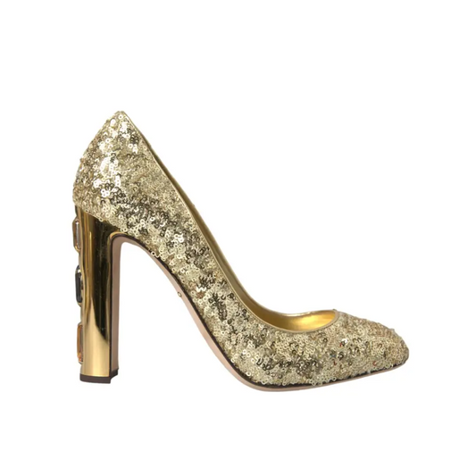 Gabbana gold sequin crystal heels med metallisk guldblokshæl