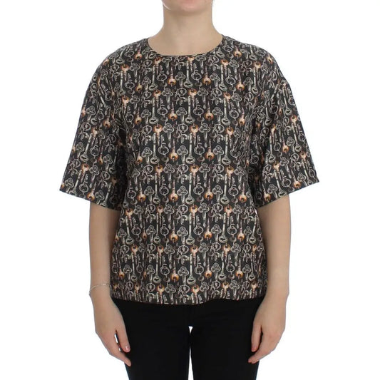 Dolce & Gabbana Gray Gold Key Print Silk Blouse T-shirt