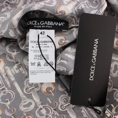 Dolce & Gabbana Gray Gold Key Print Silk Blouse T-shirt