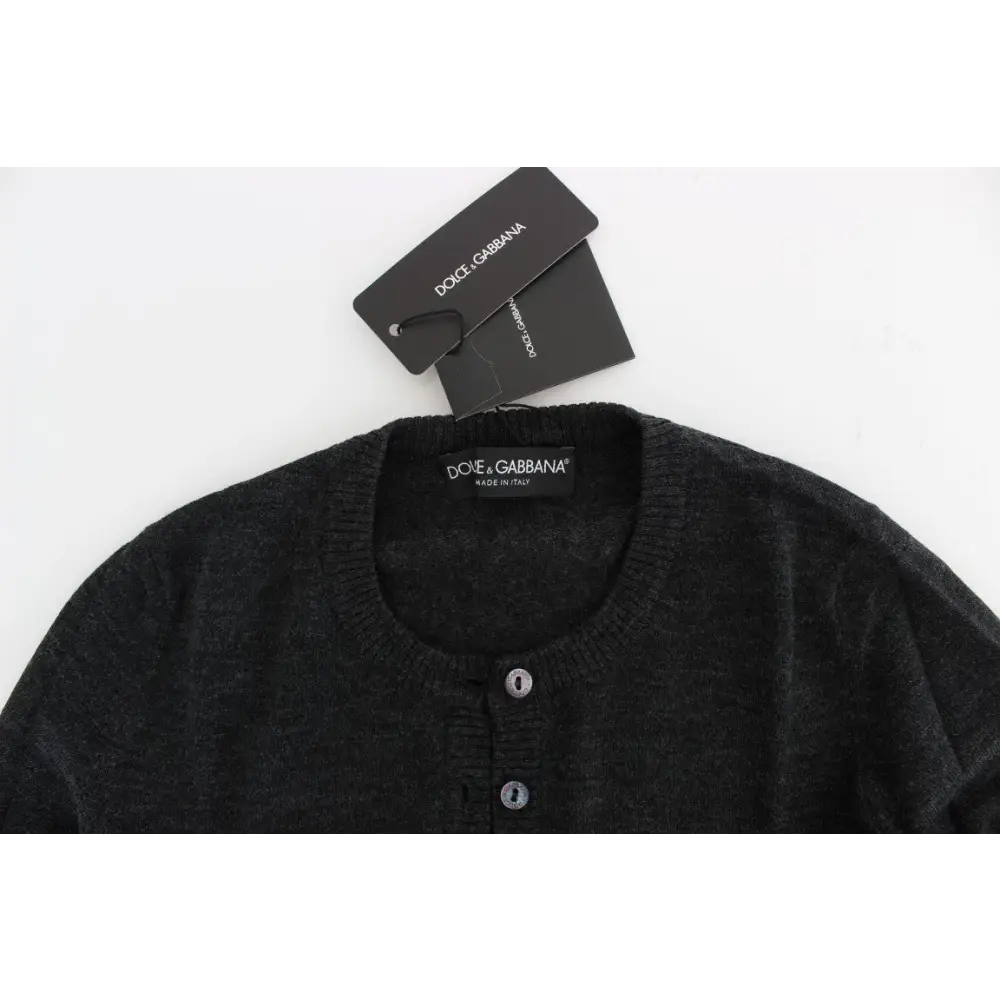 Mørk grå Dolce & Gabbana cardigan med rund hals og sølvknapper, 100% originale brands