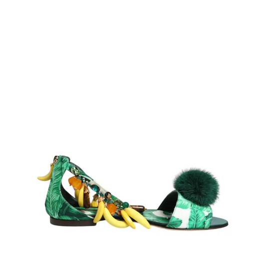Dolce & Gabbana grønne mink pels satin bananblad sandaler med grønne palmeblad, gule banan- og orange kvaster, mørkegrønne fuzzy pom-pom og metall