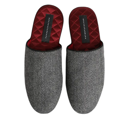 Dolce & Gabbana Grey Herringbone Cashmere Red Slippers Shoes - Flip-flops