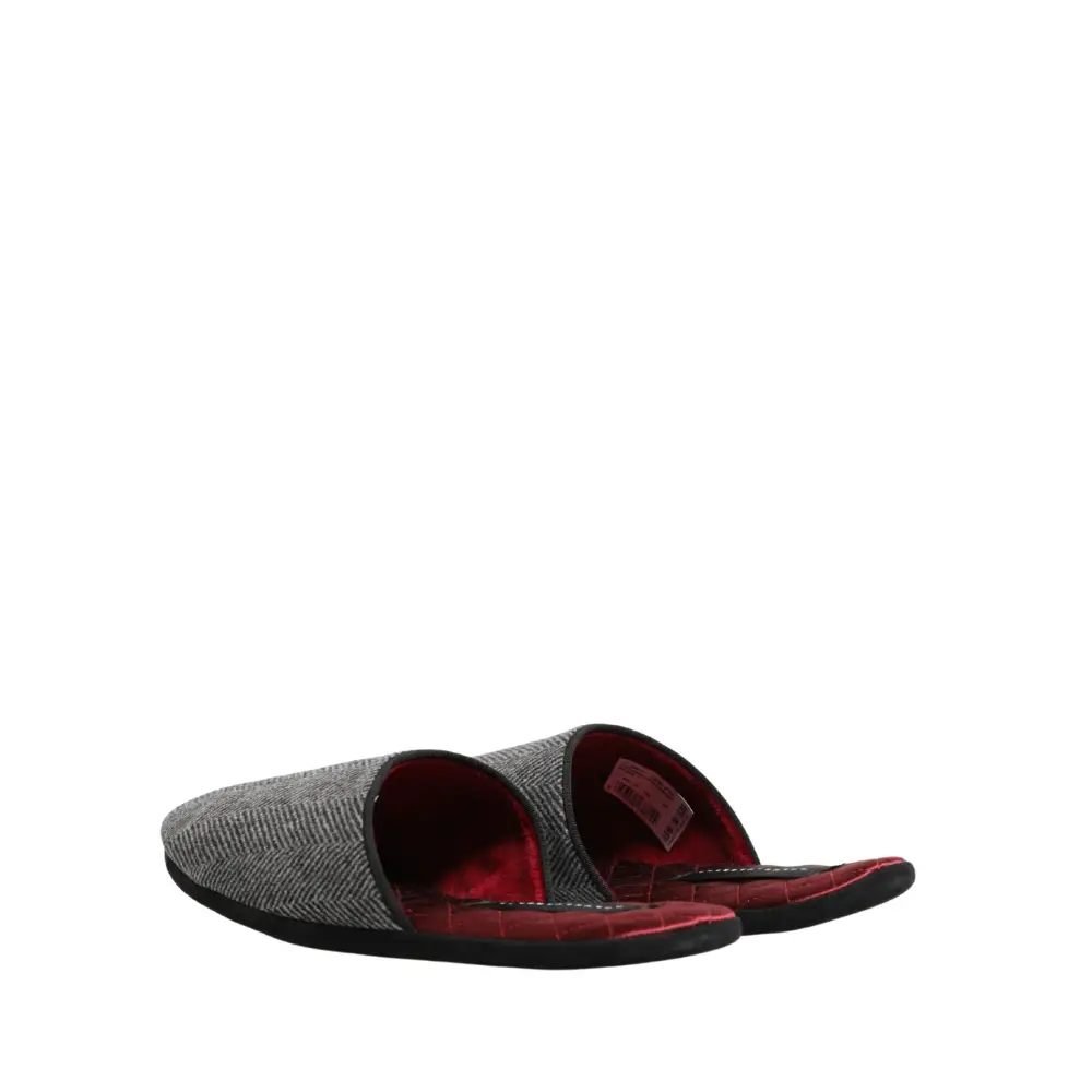 Dolce & Gabbana Grey Herringbone Cashmere Red Slippers Shoes - Flip-flops