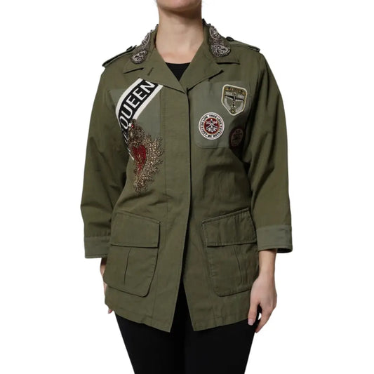 Dolce & Gabbana Military Green Queen Embellished Coat Jacket