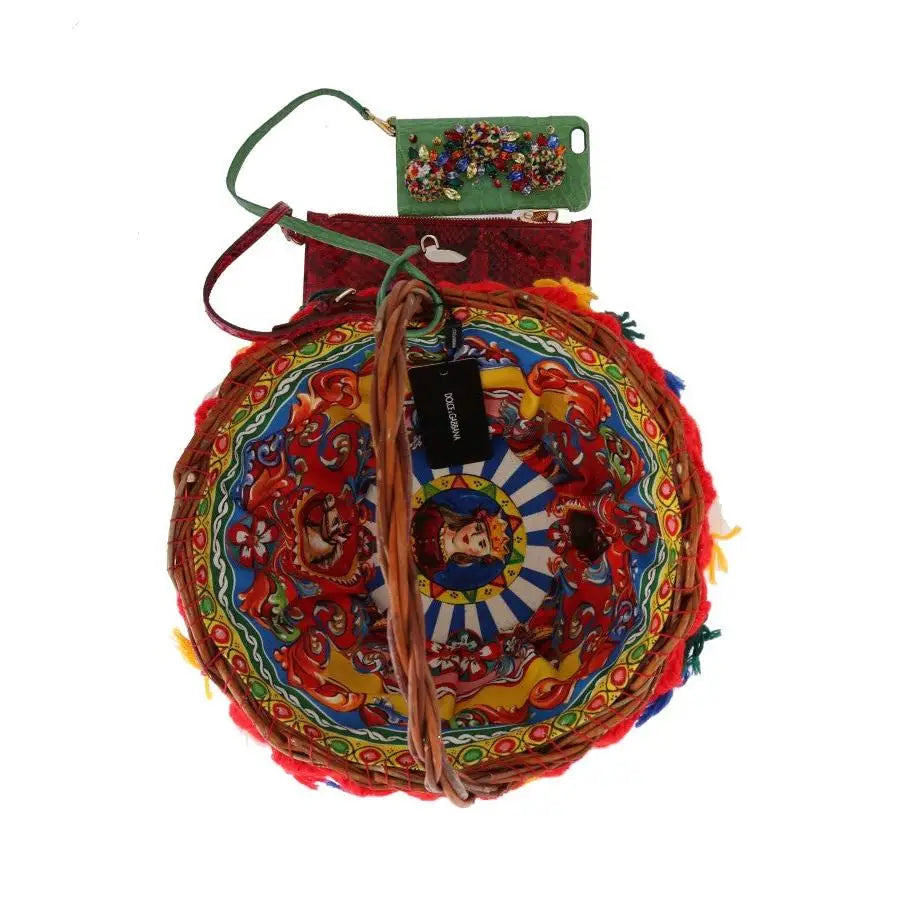 Dolce & Gabbana Multicolor AGNESE Straw Crystal Pom Pom Bag
