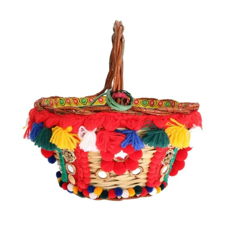 Dolce & Gabbana Multicolor AGNESE Straw Crystal Pom Pom Bag