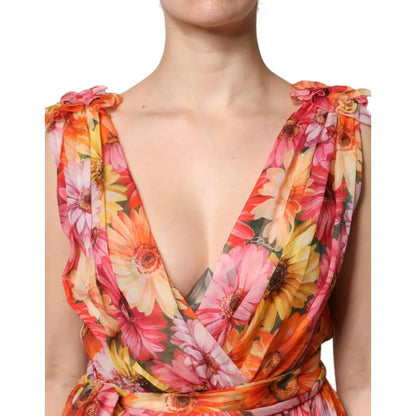 Dolce & Gabbana Multicolor Floral Silk V-neck Chiffon Dress