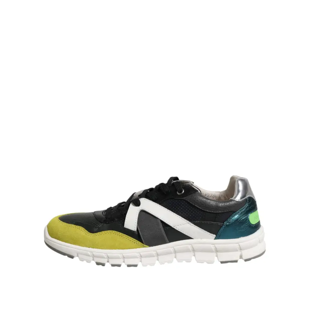 Dolce & Gabbana multicolor lace up low top sneakers in black, white, lime green with metallic teal heel tab