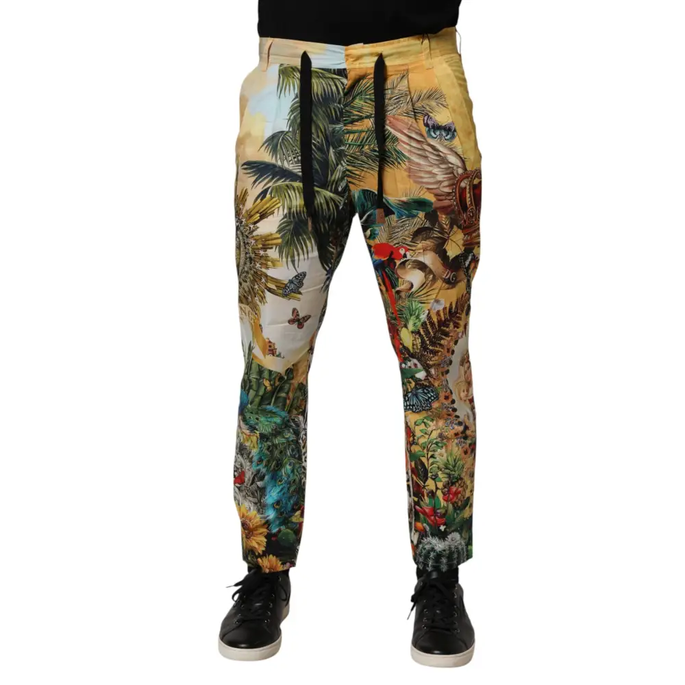 Vibrante Dolce & Gabbana tropical king lounge bukse med palmer, sommerfugle og fugle på gul bund