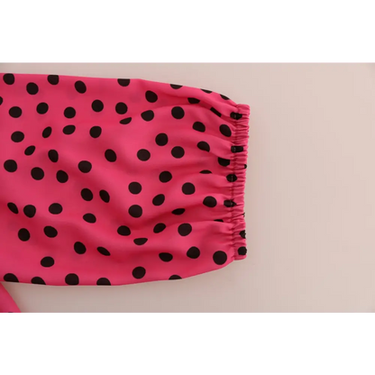 Lys pink Dolce & Gabbana silkebluse med sorte prikker og elastik i taljen