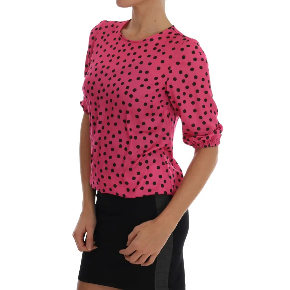 Dolce & Gabbana pink polka-dotted silk blouse med sorte prikker og trekvart ærmer, outlet mærkevarer