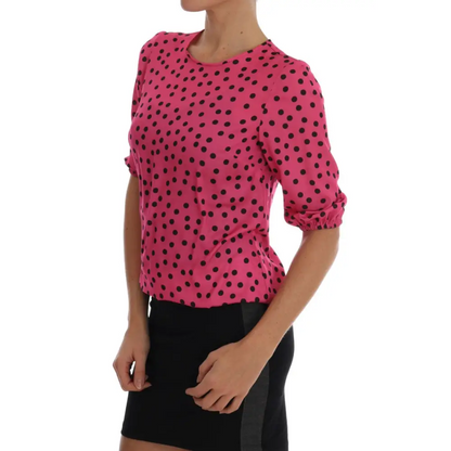 Dolce & Gabbana pink polka-dotted silk blouse med sorte prikker og trekvart ærmer, outlet mærkevarer