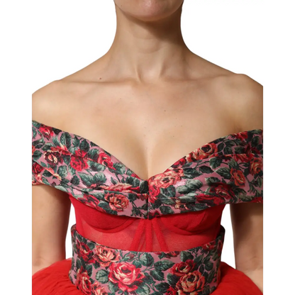 Dolce & Gabbana Red Floral Off Shoulder A-line Gown Dress