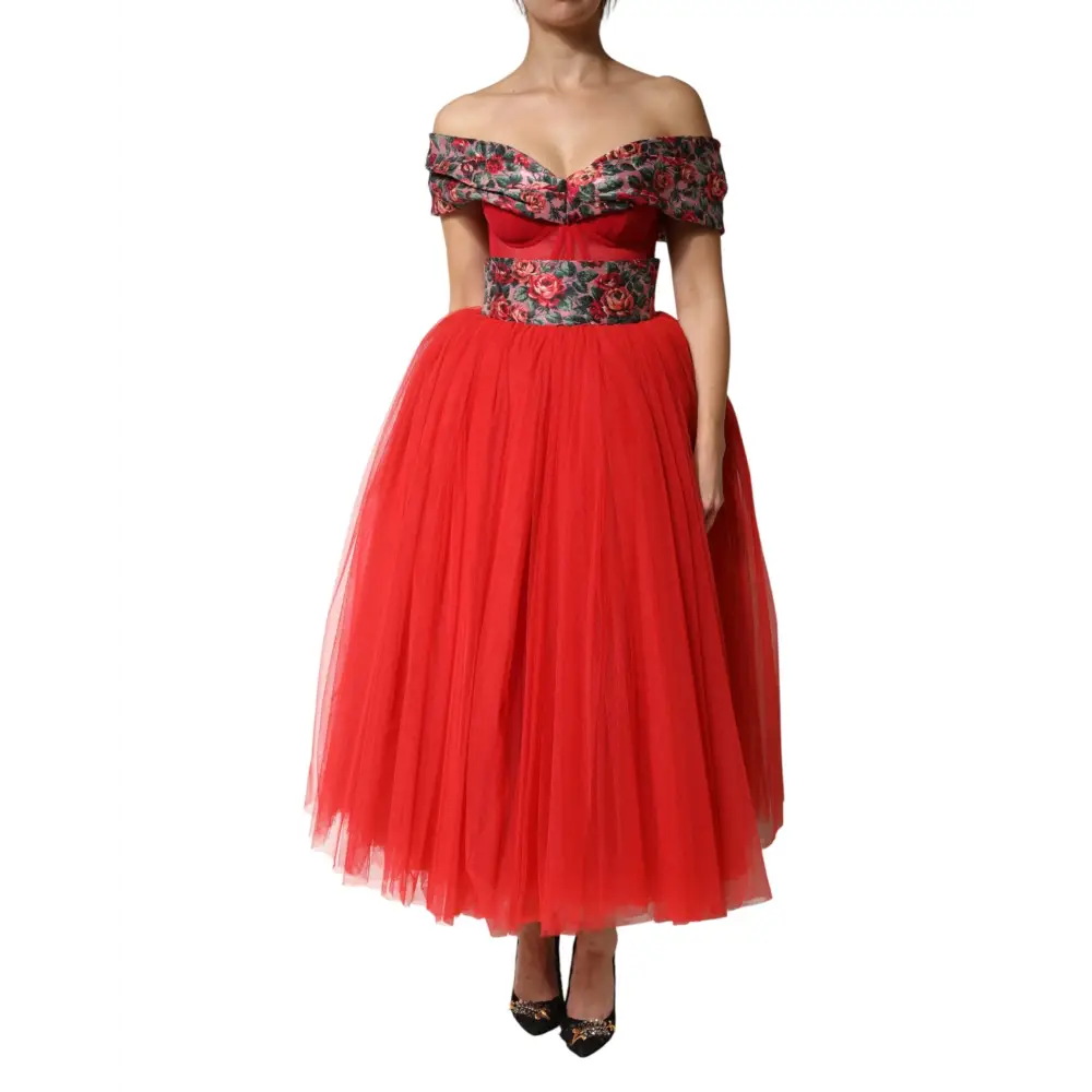 Dolce & Gabbana Red Floral Off Shoulder A-line Gown Dress