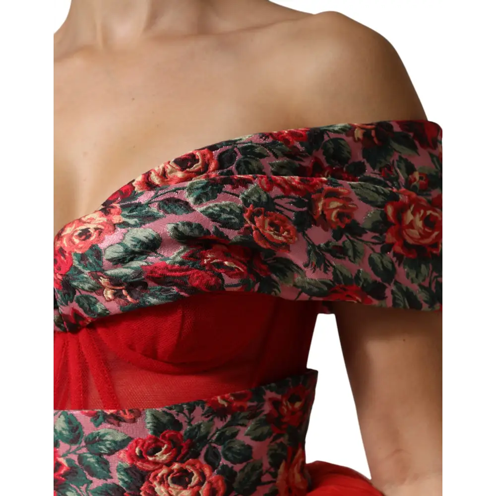 Dolce & Gabbana Red Floral Off Shoulder A-line Gown Dress