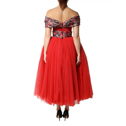 Dolce & Gabbana Red Floral Off Shoulder A-line Gown Dress