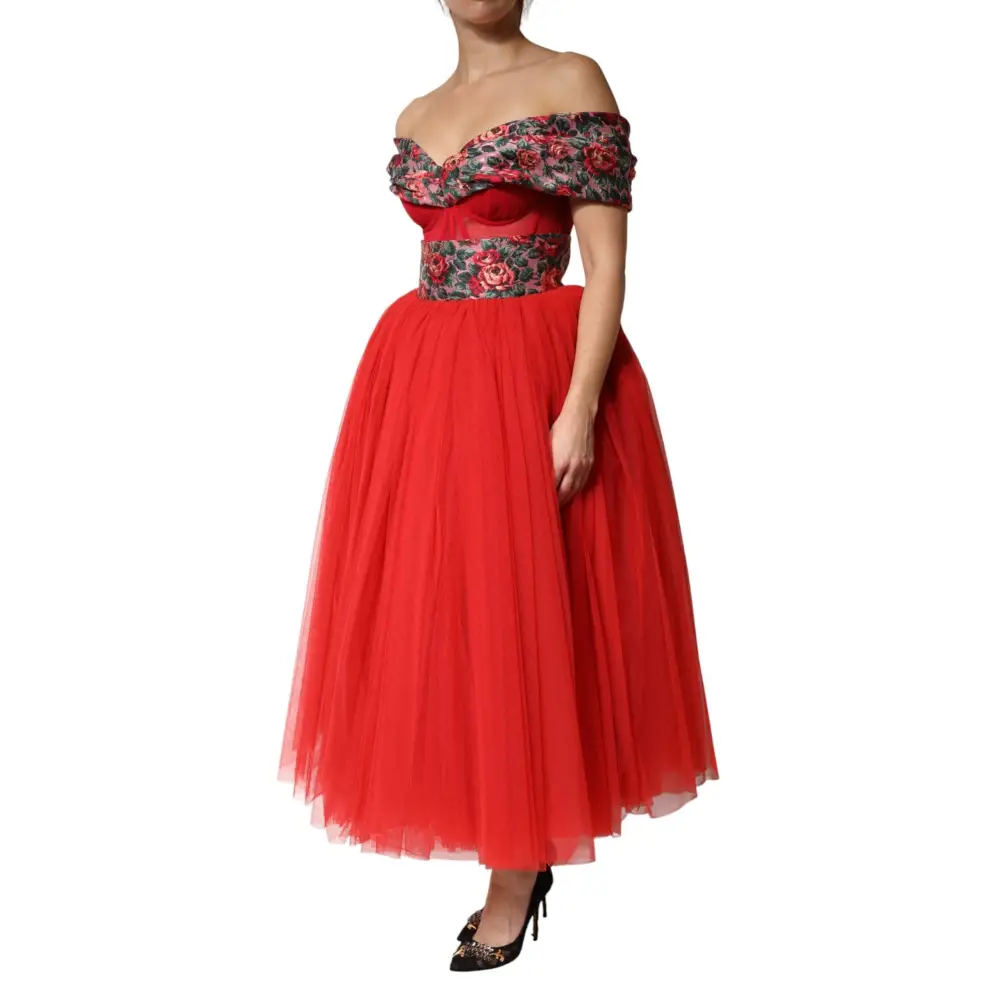 Dolce & Gabbana Red Floral Off Shoulder A-line Gown Dress