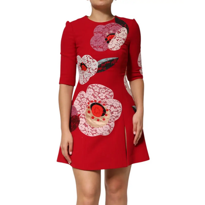 Dolce & Gabbana red lace floral appliqué A-line mini dress