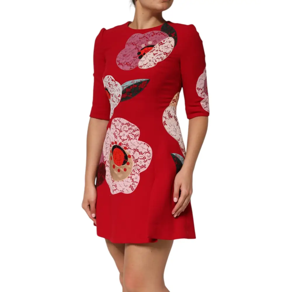 Dolce & Gabbana red lace floral applique A-line mini dress with vibrant floral details