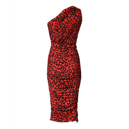 Dolce & Gabbana Red Leopard Print Nylon Sheath Midi Dress