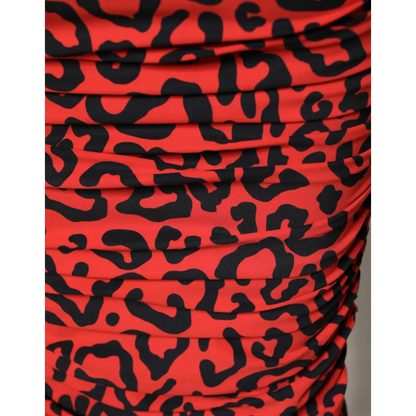 Dolce & Gabbana Red Leopard Print Nylon Sheath Midi Dress