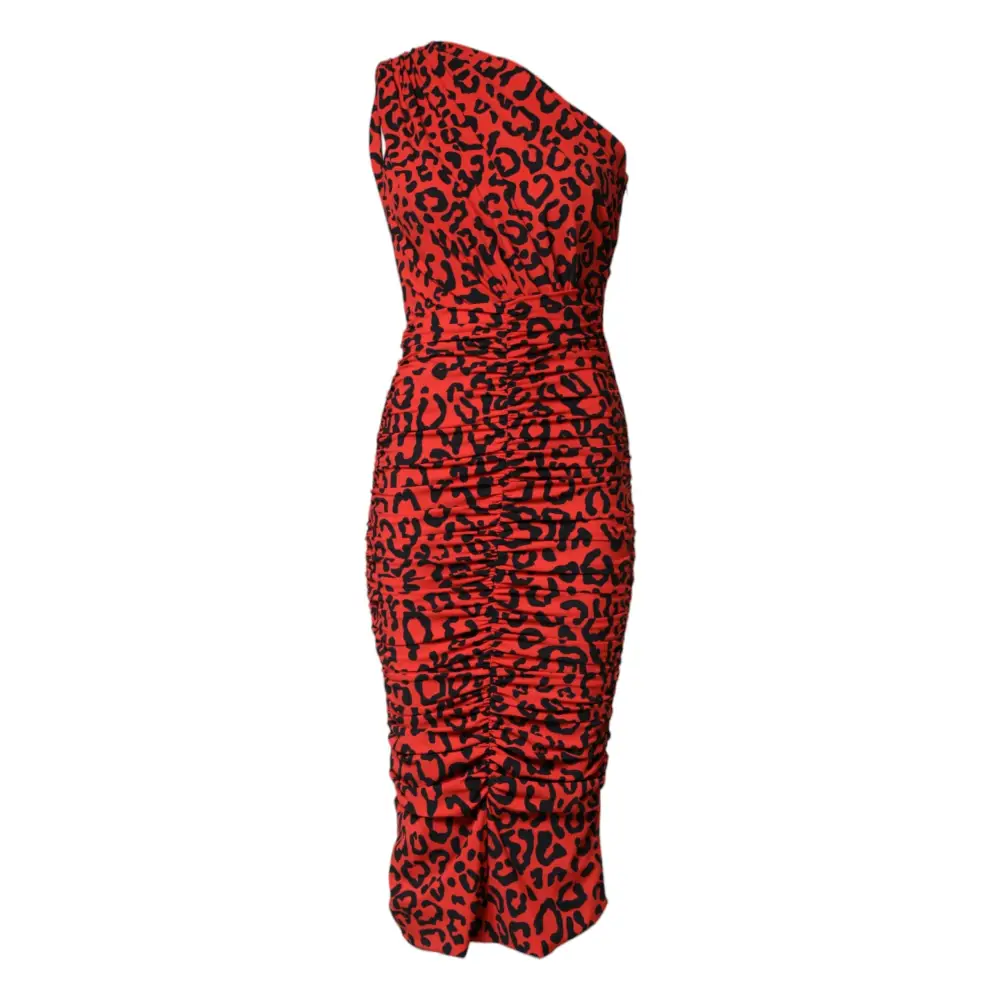 Dolce & Gabbana Red Leopard Print Nylon Sheath Midi Dress