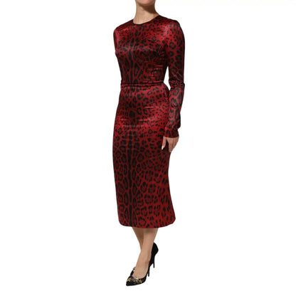 Dolce & Gabbana Red Leopard Sheath Long Sleeves Dress