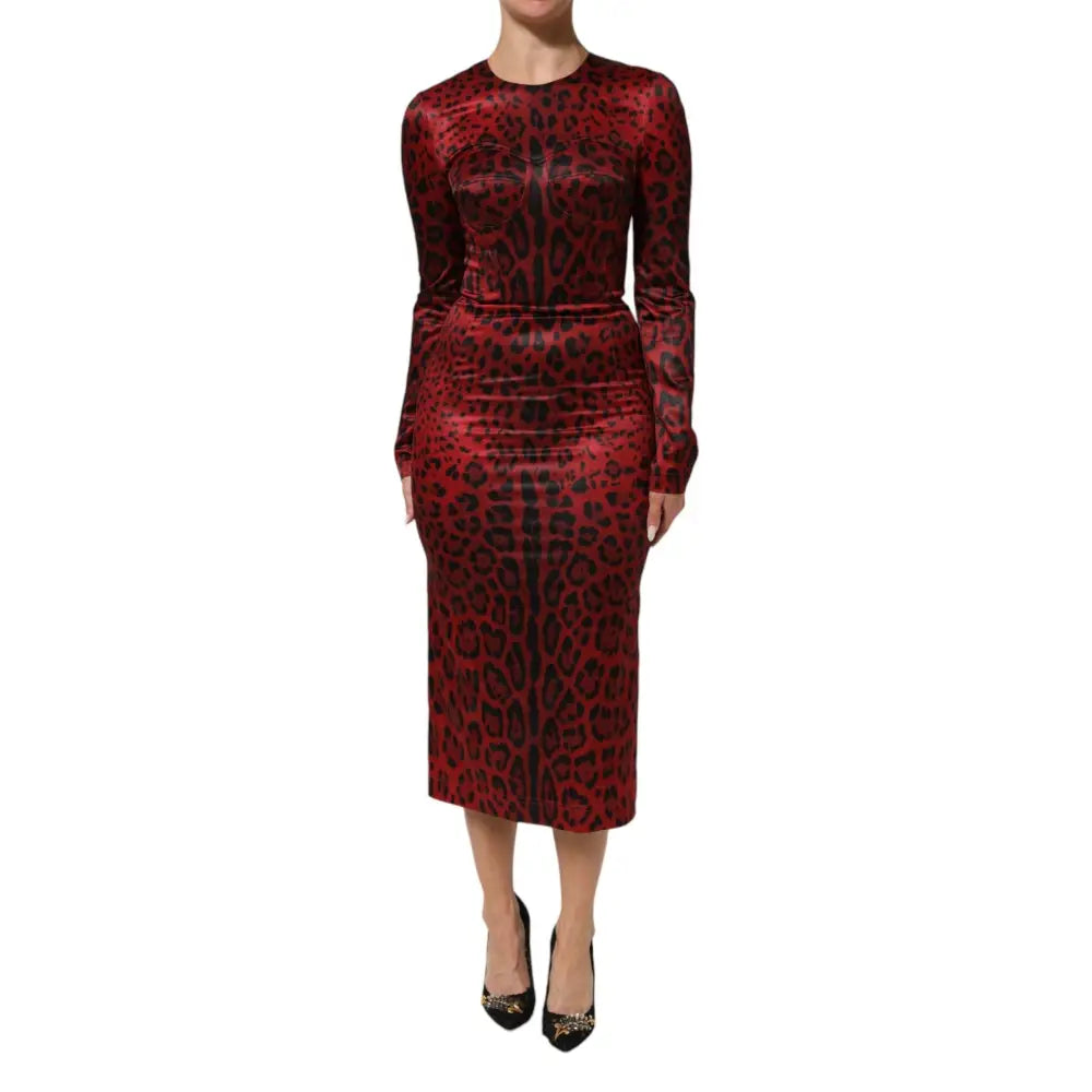 Dolce & Gabbana Red Leopard Sheath Long Sleeves Dress
