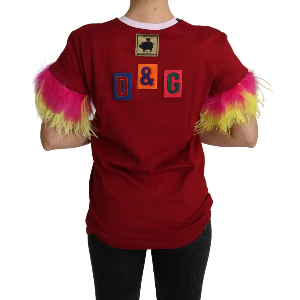 Dolce & Gabbana Red Pig Print Feather Sleeves T-shirt Top
