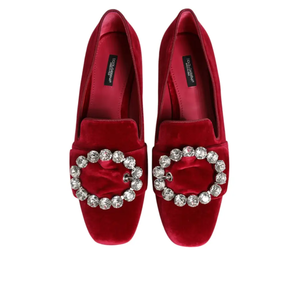 Dolce & Gabbana red velvet crystal buckle loafers med cirkulært spænde