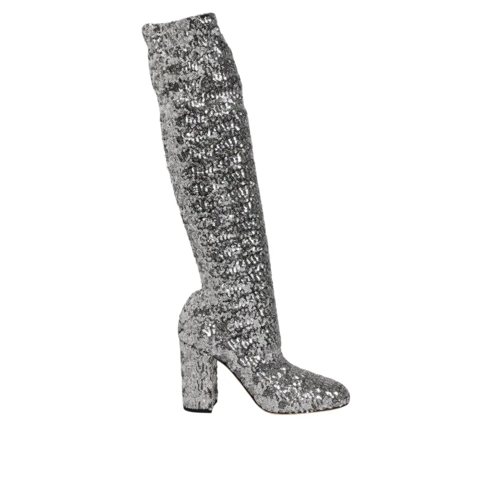 Dolce & Gabbana Shoes Silver Sequins Glitter High Heel Boot Shoes