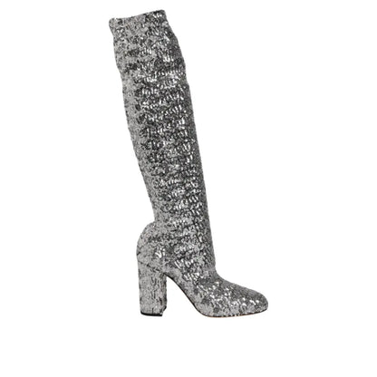 Dolce & Gabbana Shoes Silver Sequins Glitter High Heel Boot Shoes