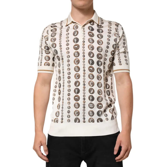 Dolce & Gabbana Silk Ivory Coin Print Logo Men Polo T-shirt