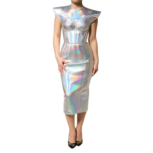 Dolce & Gabbana sølv iridescens bodycon midi kjole med holografisk blyantskørt