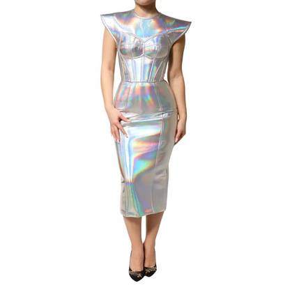 Dolce & Gabbana Silver Iridescent Bodycon Sheath Midi Dress